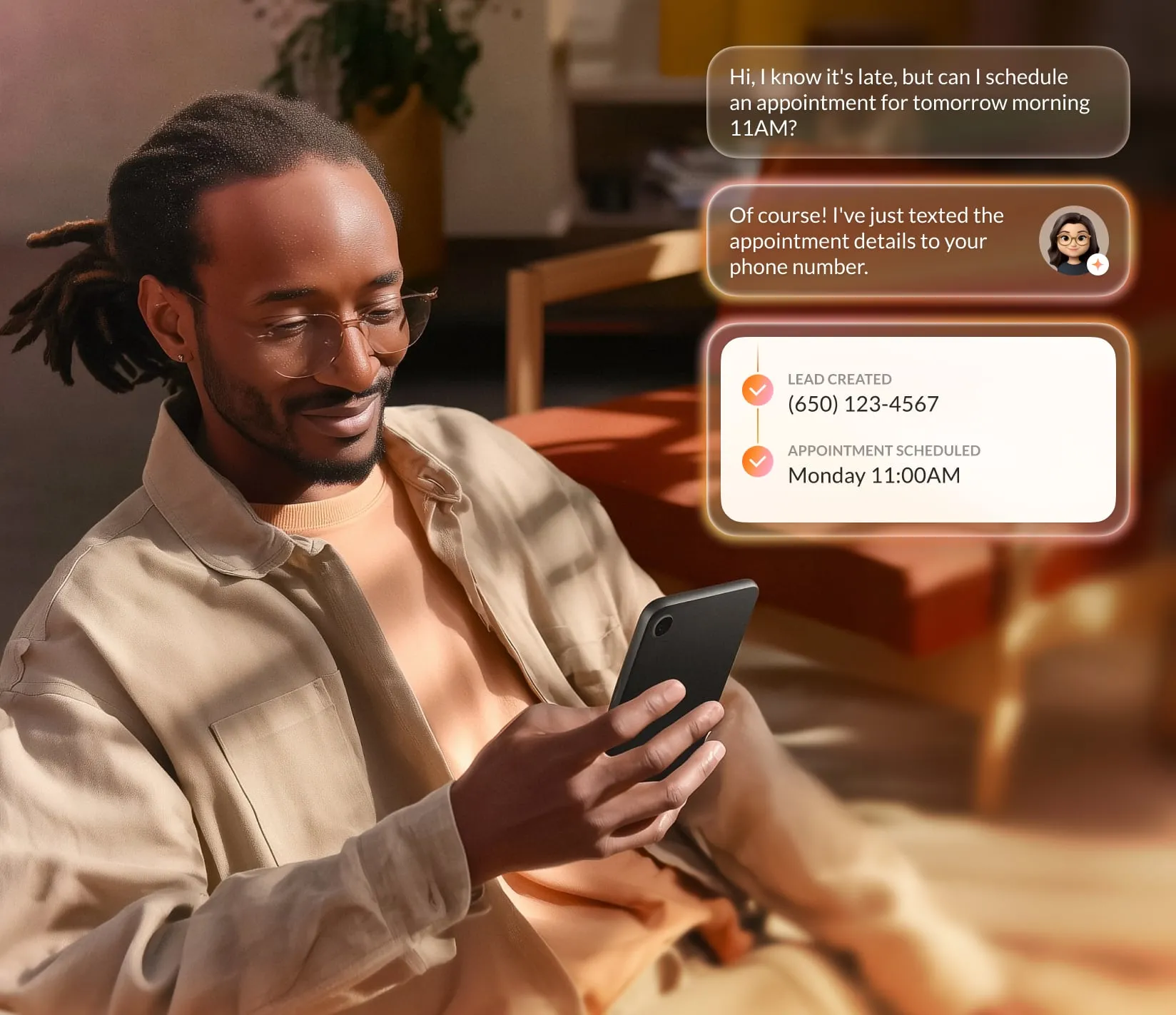 Man looking at a smartphone screen displaying a text conversation with RingCentral's AI Receptionist for scheduling an appointment and showing Lead Created details.