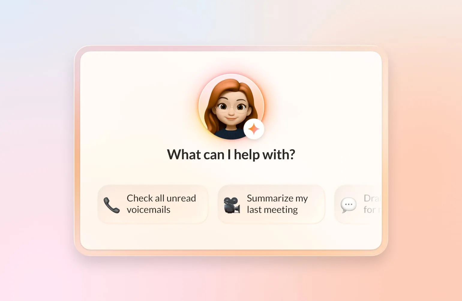 AI assistant pop-up window with suggested actions including Check all unread voicemails and Summarize my last meeting with a red-haired female avatar.