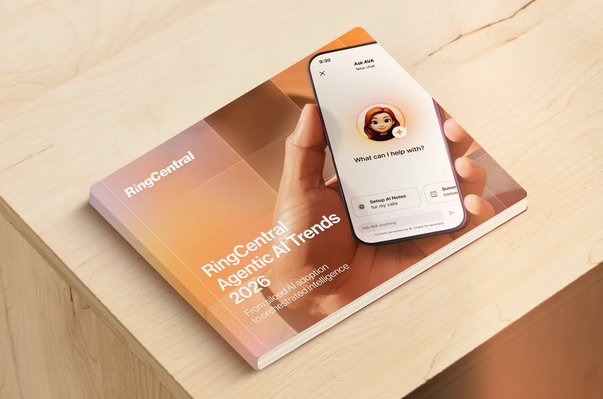 RingCentral Agentic AI Trends 2026 e-book cover featuring a smartphone displaying the AVA AI assistant interface and the tagline From siloed AI adoption to orchestrated intelligence.