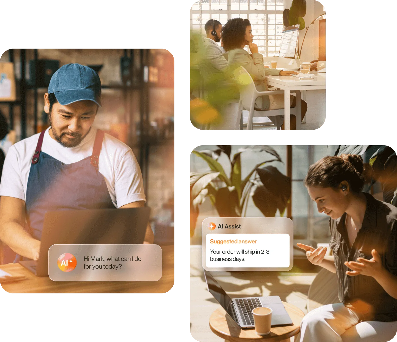 A cafe owner, a customer support agent, and a remote worker using RingCentral's AI features