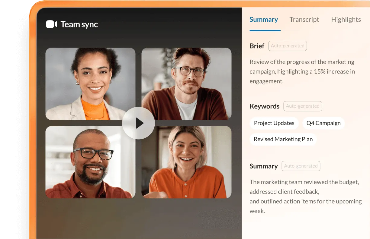 A RingCentral video meeting in progress, with a meeting summary displayed on the right side of the screen