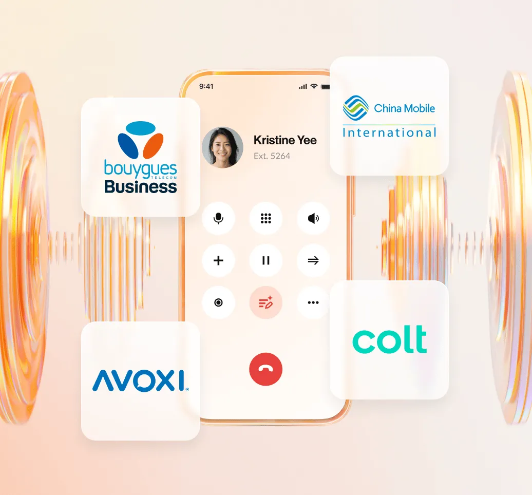 Bouygues, China Mobile International, Avoxi and Colt logos overlaid on the RingCentral phone app 