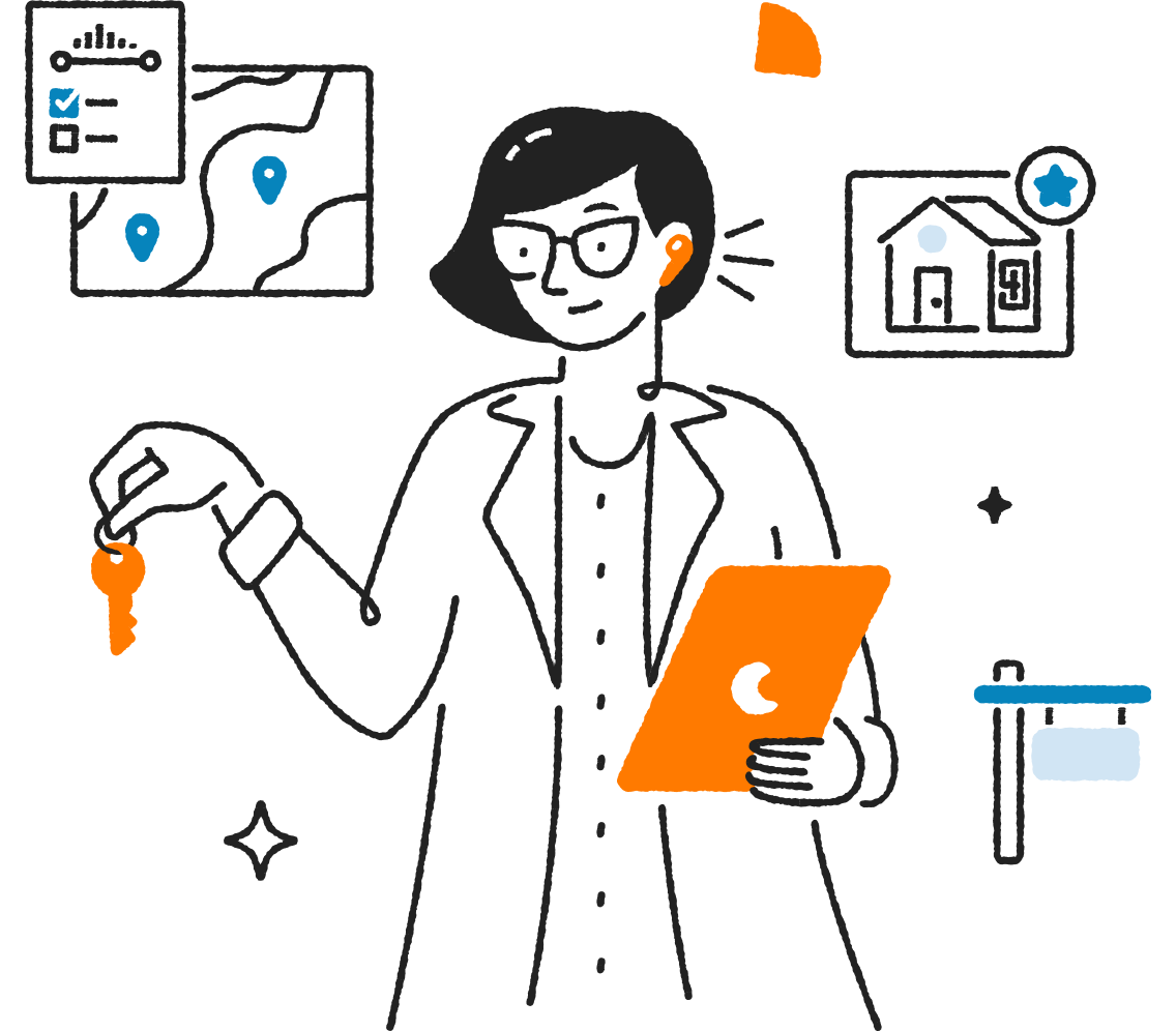 An illustration of a real estate Agent doing a variety of tasks