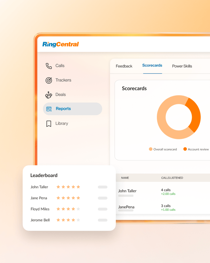 The Scorecards and Leaderboard list reports in the RingCentral app