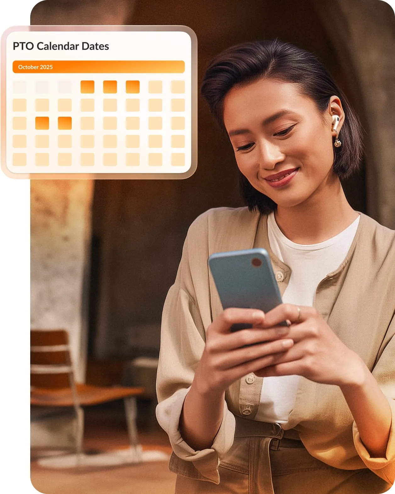 Woman looking happily at her smartphone next to an overlaid graphic showing the PTO Calendar Dates using a digital calendar on their phone.