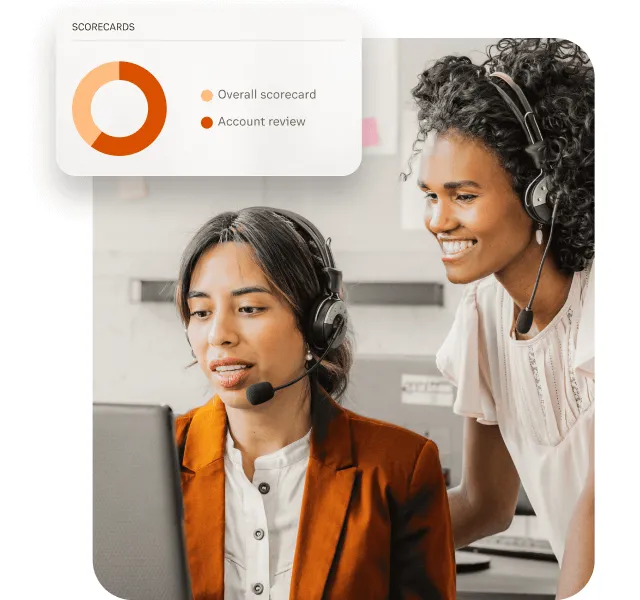 A supervisor guiding an agent during a call and views of the agent's rating and scorecards