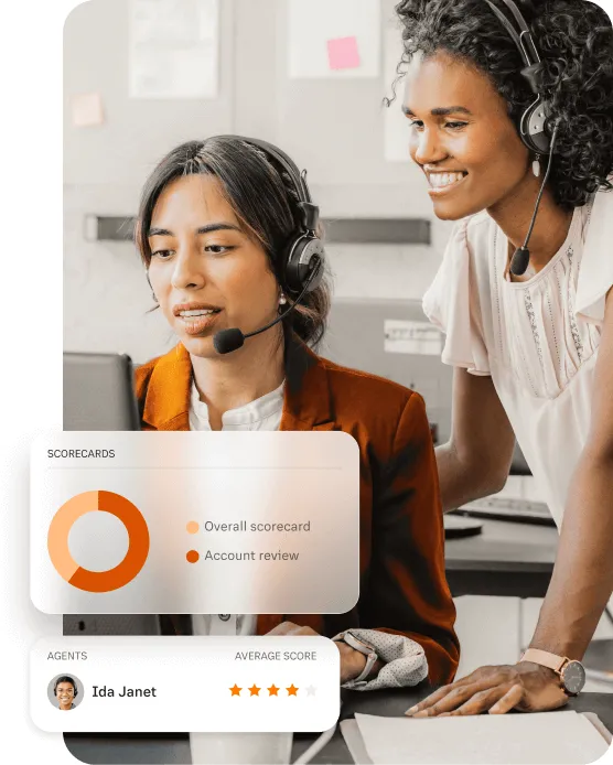 A supervisor guiding an agent during a call and views of the agent's rating and scorecards