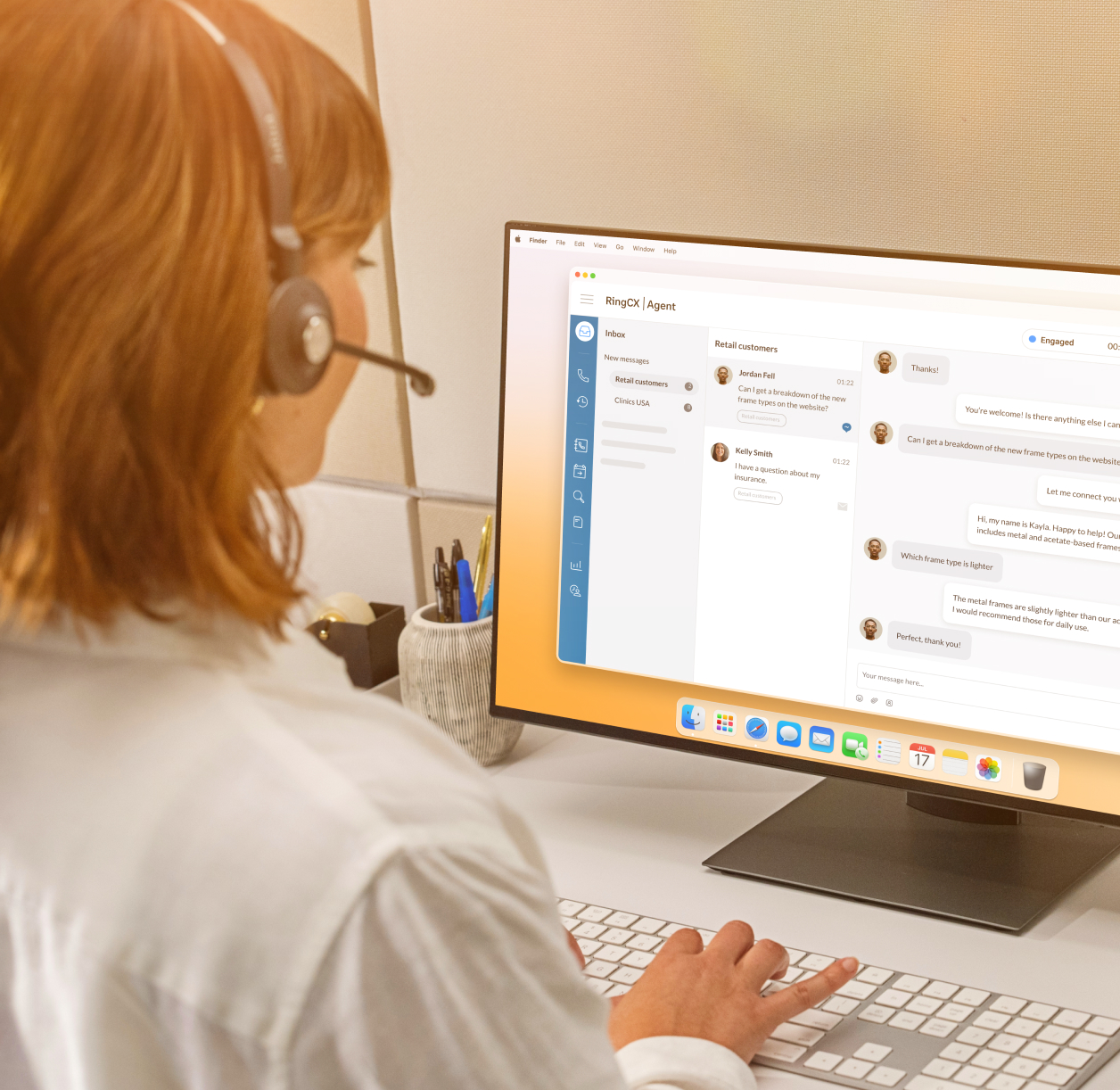 A contact center agent looking at customer messages and feedback