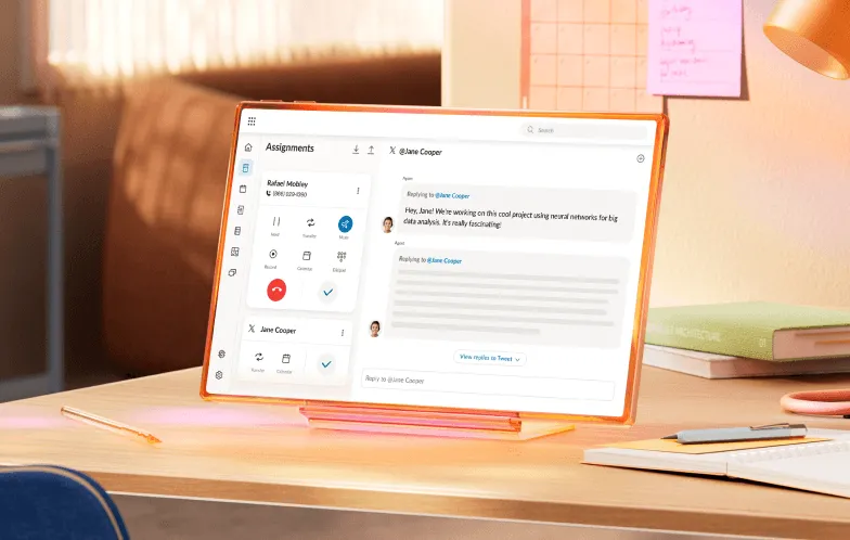 RingCentral RingCX dashboard on a tablet displaying Agentic Voice AI features for contact center