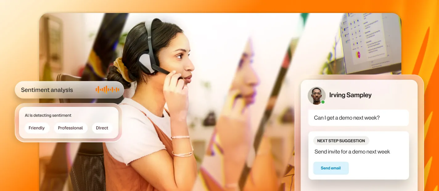 A woman with a headset observes a computer screen displaying sentiment analysis results through the RingSense interface by RingCentral.