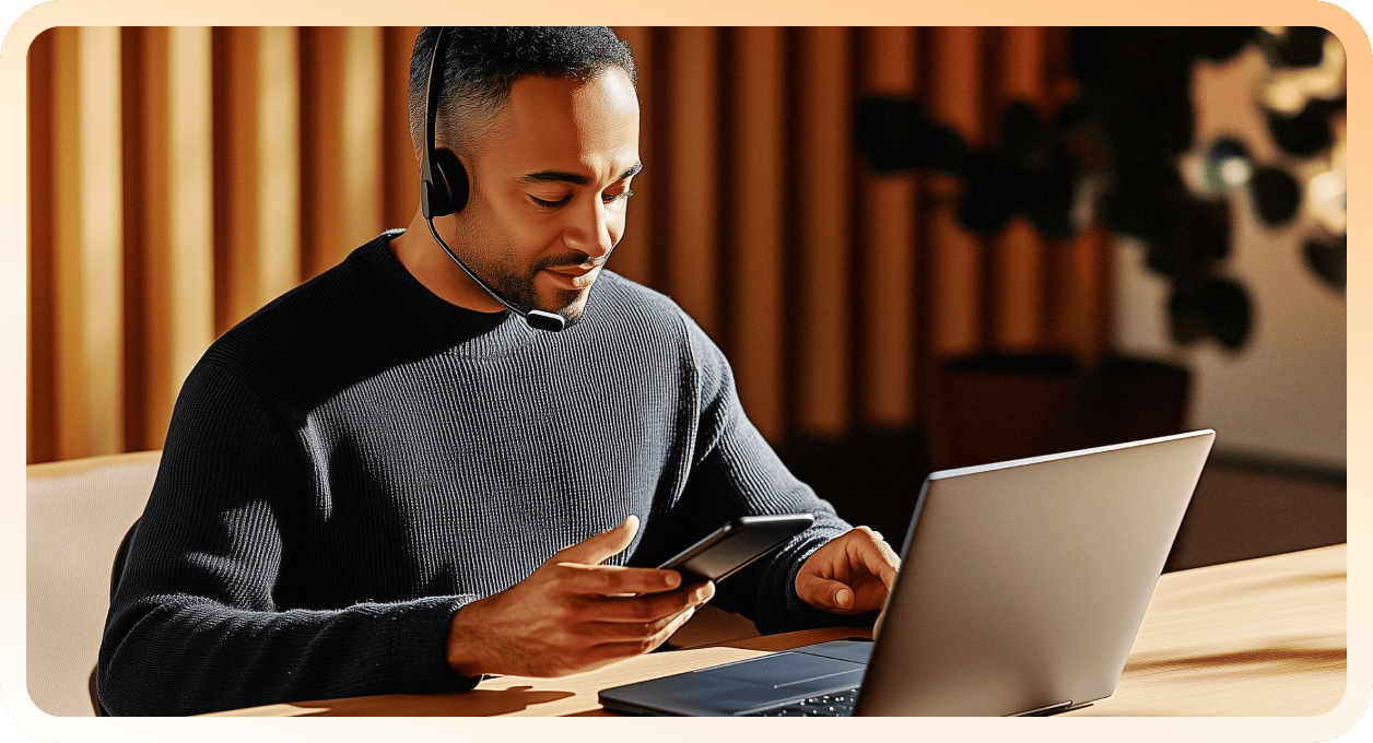 A male agent wearing headphones looking at his mobile phone while in front of his laptop