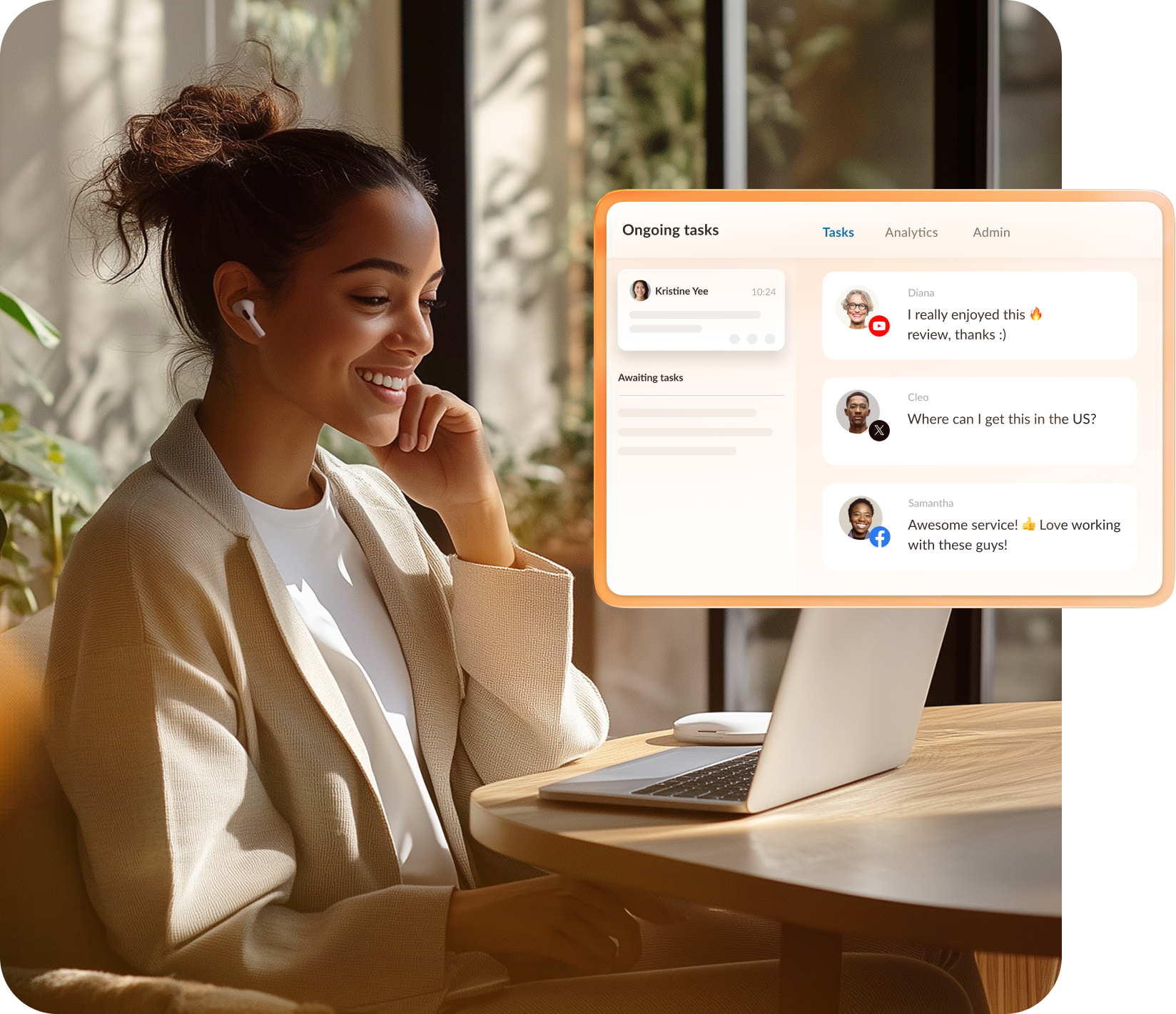 A female agent wearing an earbud looking at her ongoing tasks in the RingCX dashboard