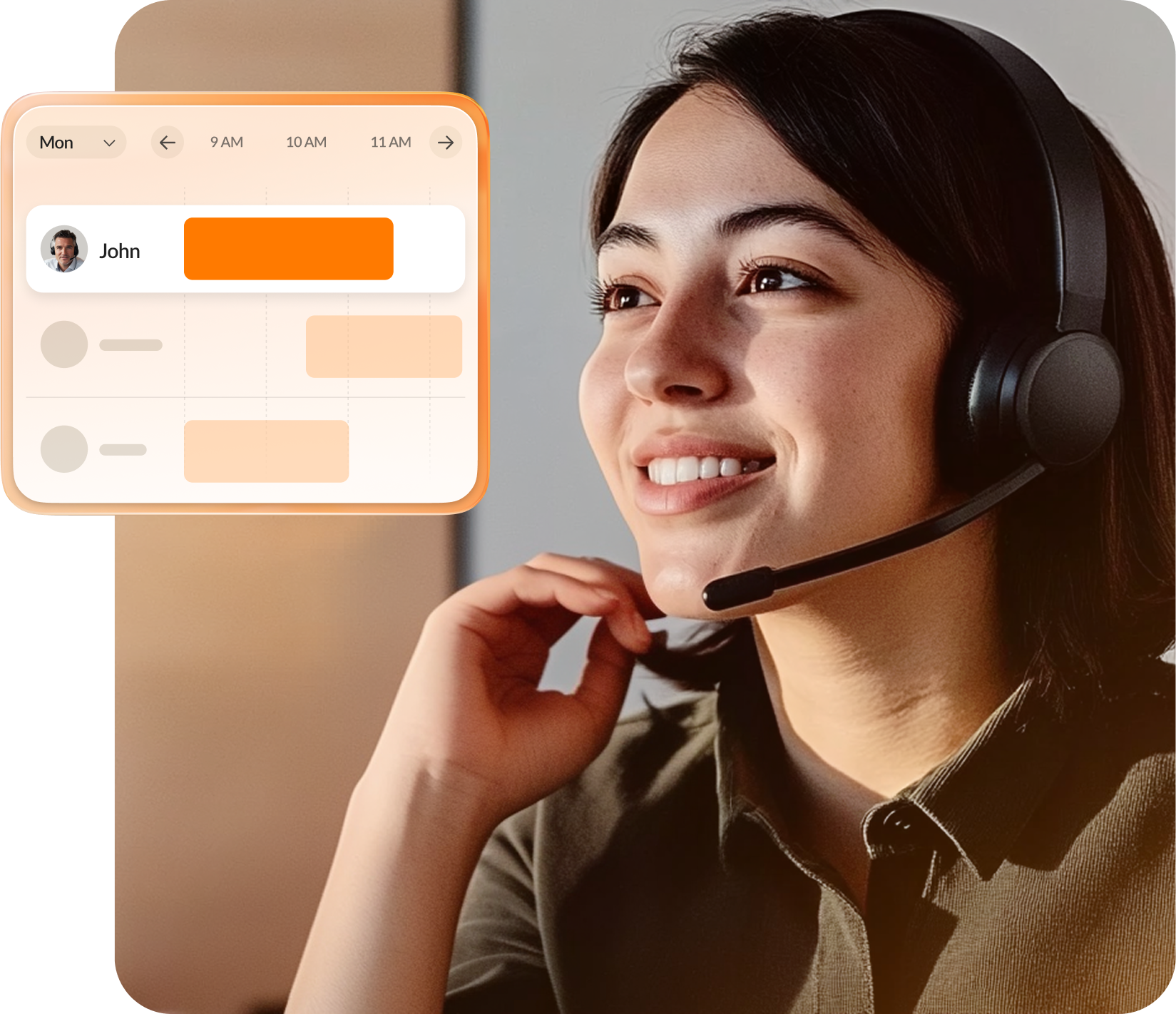 A smiling female agent wearing headphones looking at agent schedules in RIngCX AI-driven workforce management feature.