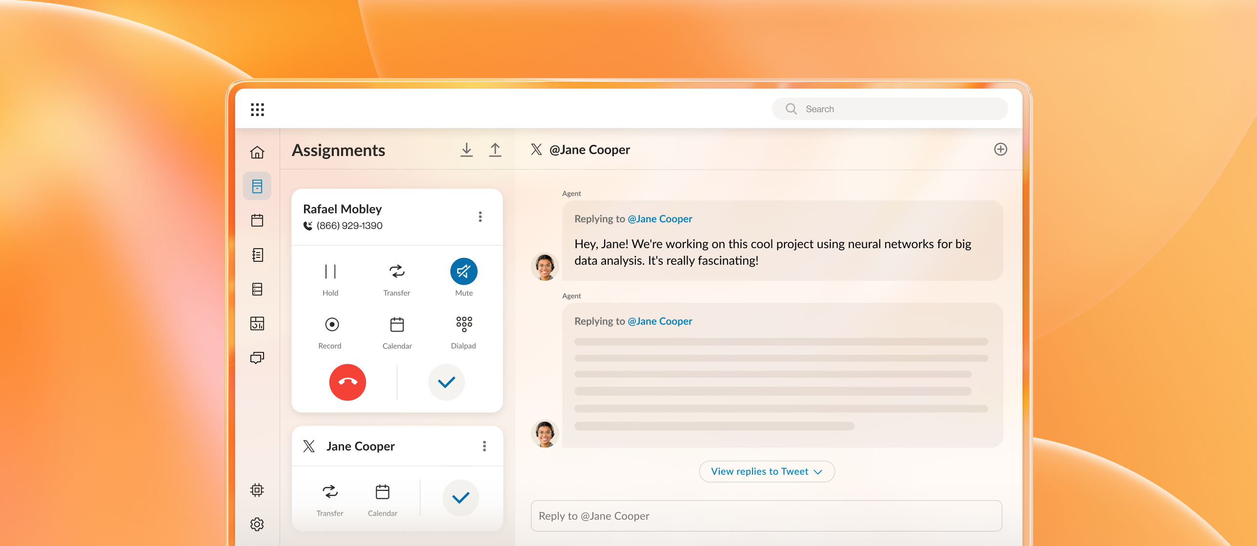 An agent replying to customer Jane Cooper in the Assignments Tab of RingCX enterprise contact center solution