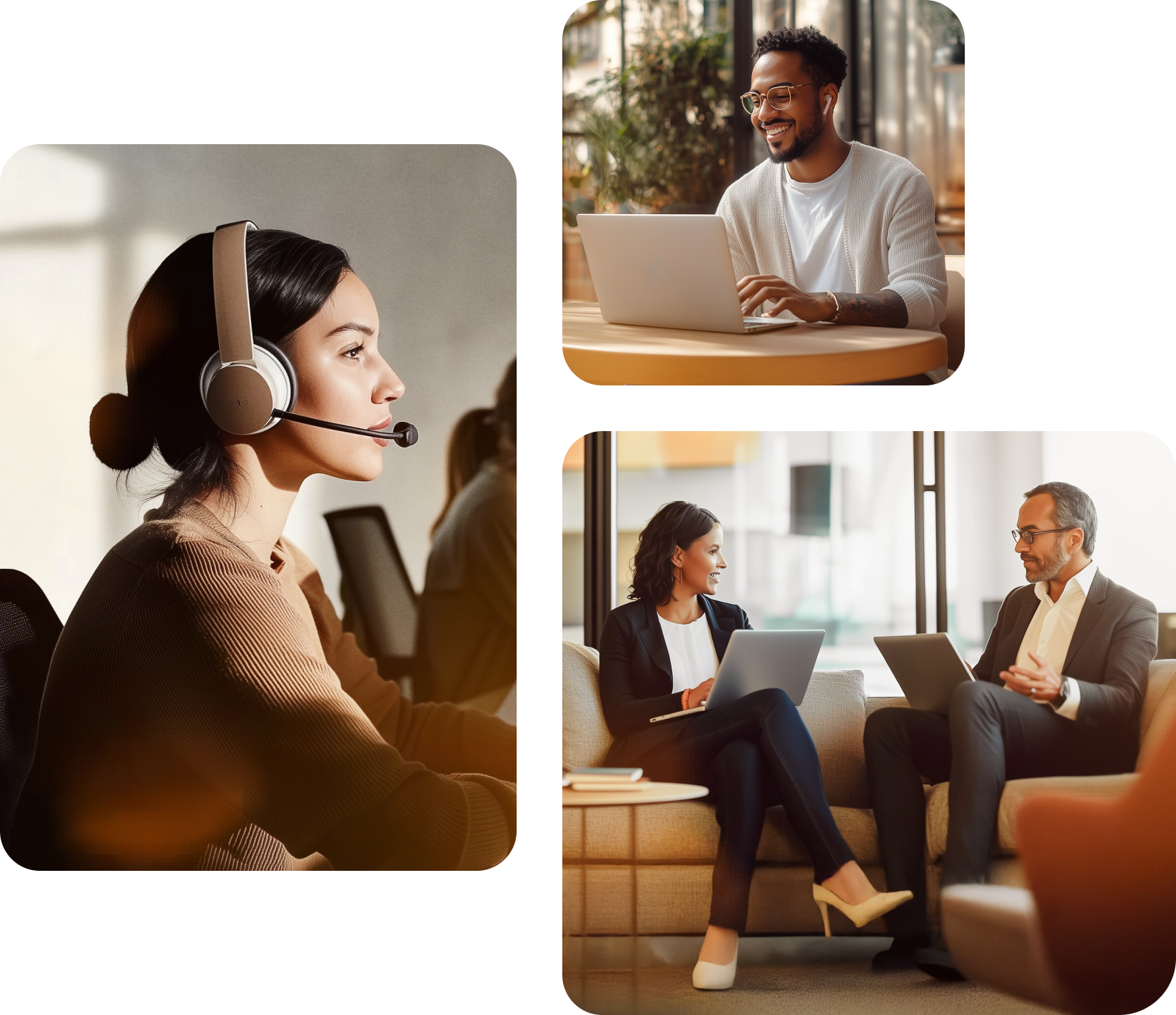 A collage of images starting with a female agent with headphones, a smiling man typing on his laptop and two colleagues sitting on couches chatting while typing on their laptops