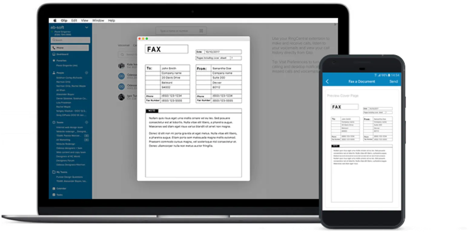 Displaying the RingCentral Online Fax on a laptop and mobile phone