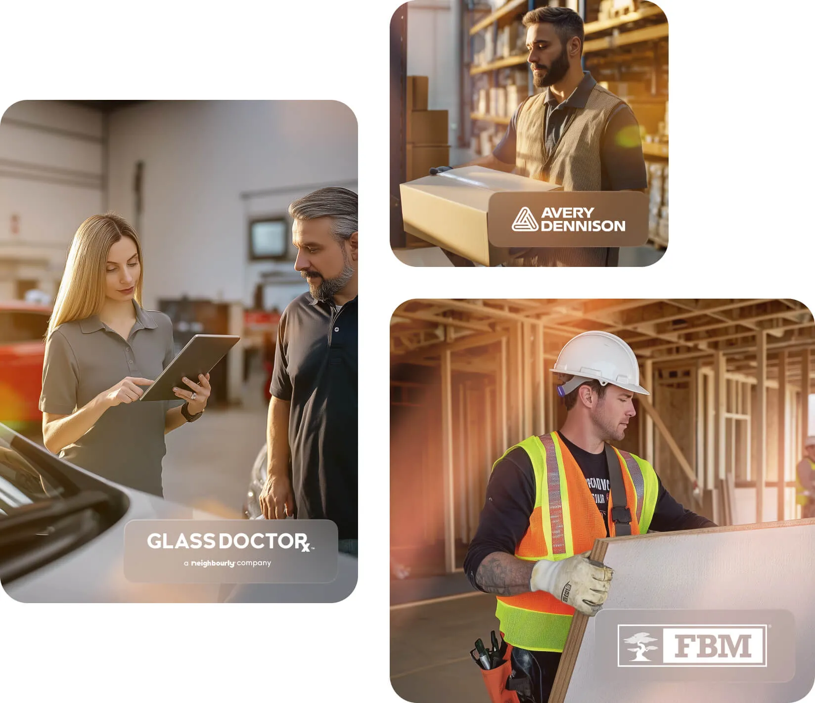 "Glass Doctor case study: Two people stand next to a car, discussing repair plans. Wells case study: A plant worker stands next to industrial freezers. FBM case study: A construction worker is moving building materials."