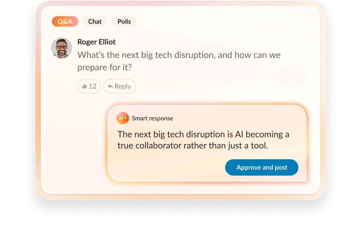 RingCentral web app showing AI-generated smart response in a Q&A section.