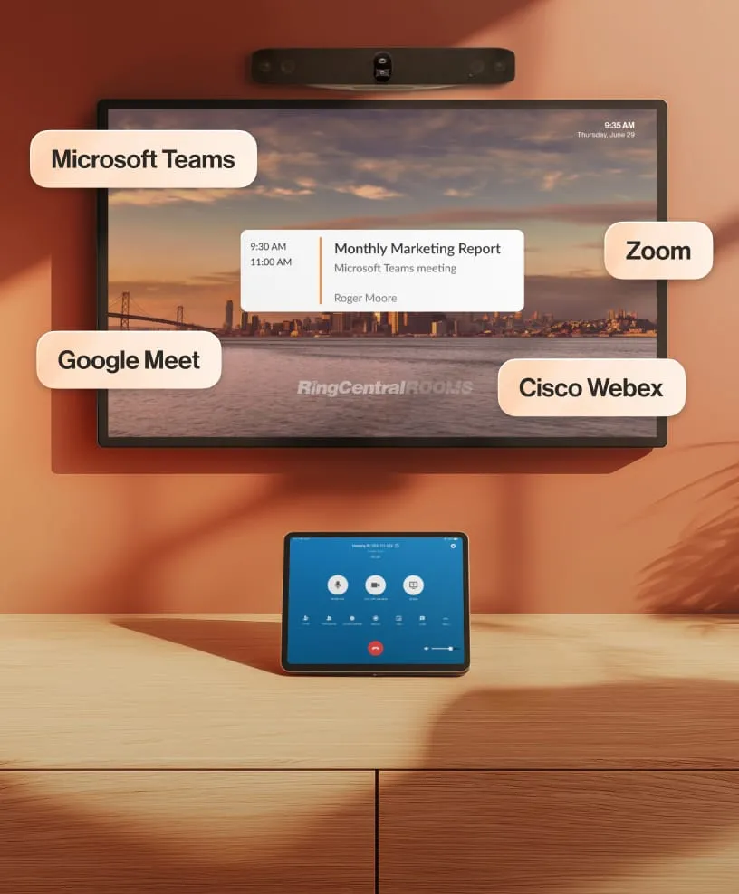 RingCentral Rooms setup with video conferencing integration options.