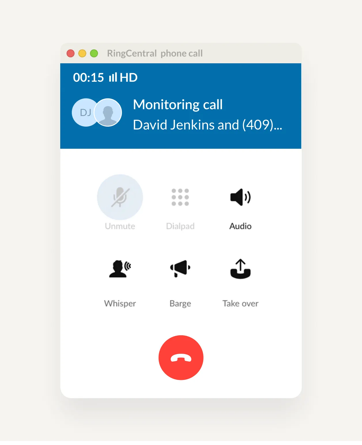 The call monitoring features of the RingCentral app such as Mute/Unmute, Dialpad, Audio, Whisper, Barge, and Takeover