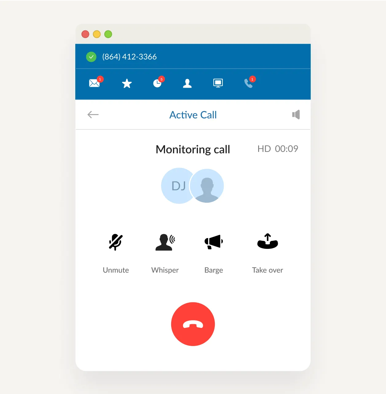 An active call monitoring session in the RingCentral app