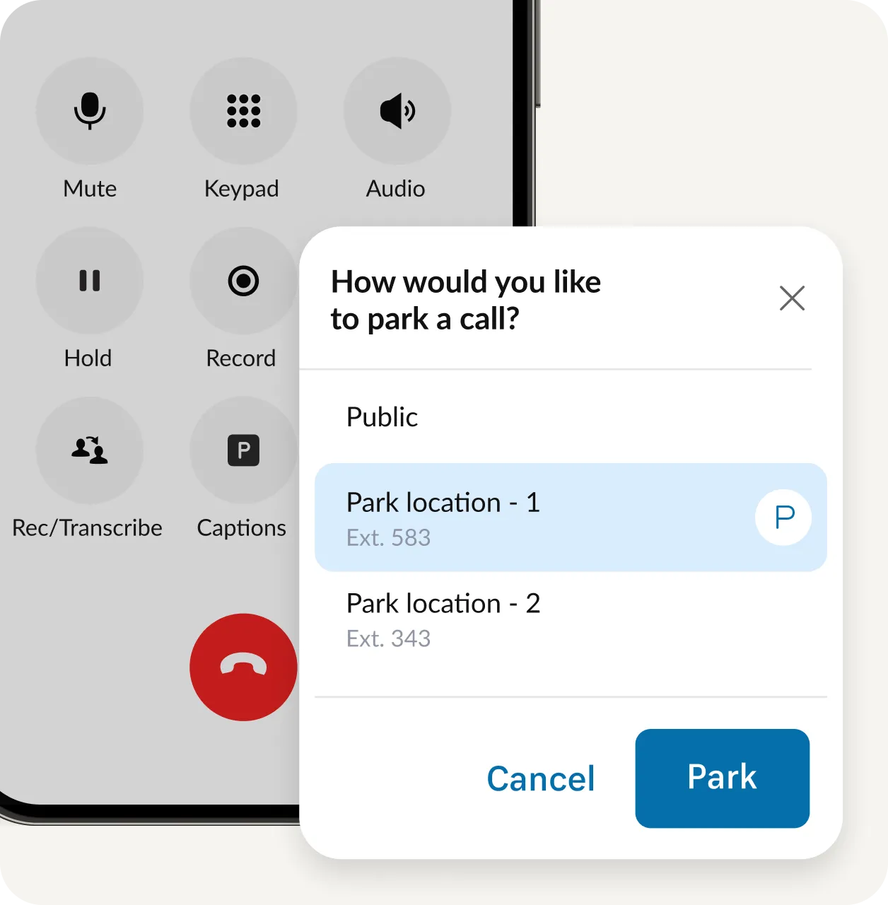 An active call being parked in one of the three available call parks in the RingCentral app