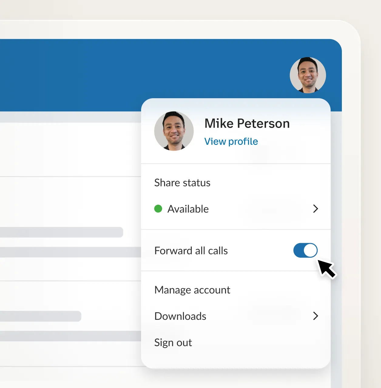 The Forward All Calls toggle menu of the RingCentral app