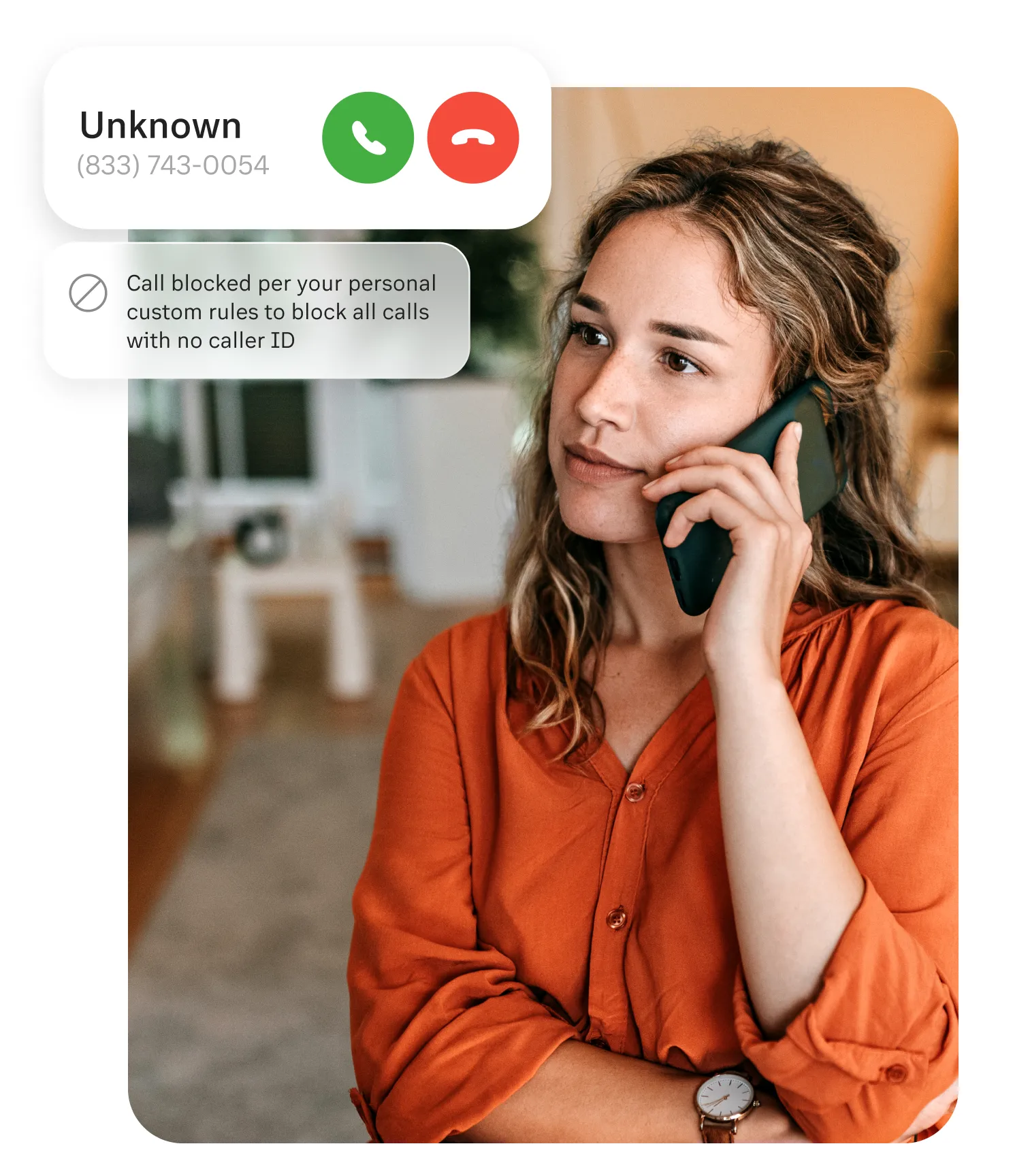 The call block feature activated while a woman is on a call on her mobile phone
