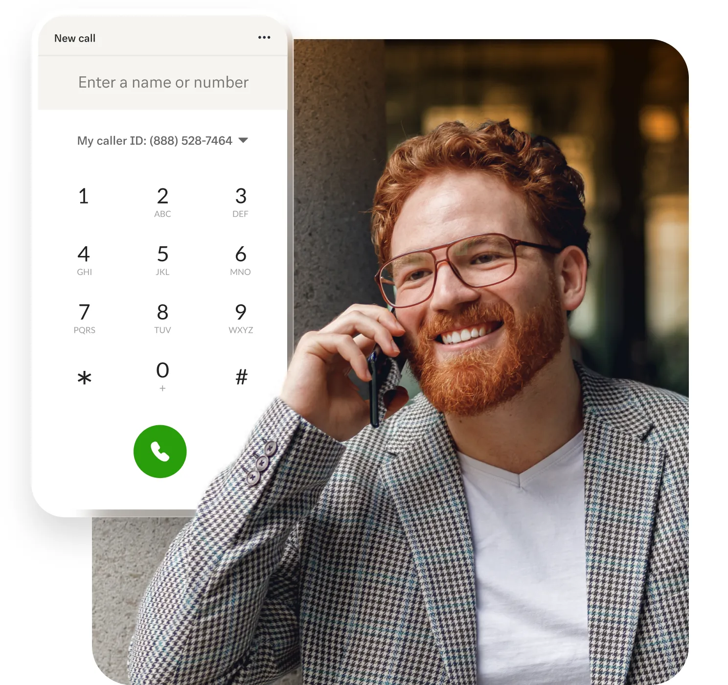 A male holding a mobile phone to his ear with an insert of the RingCentral dialpad