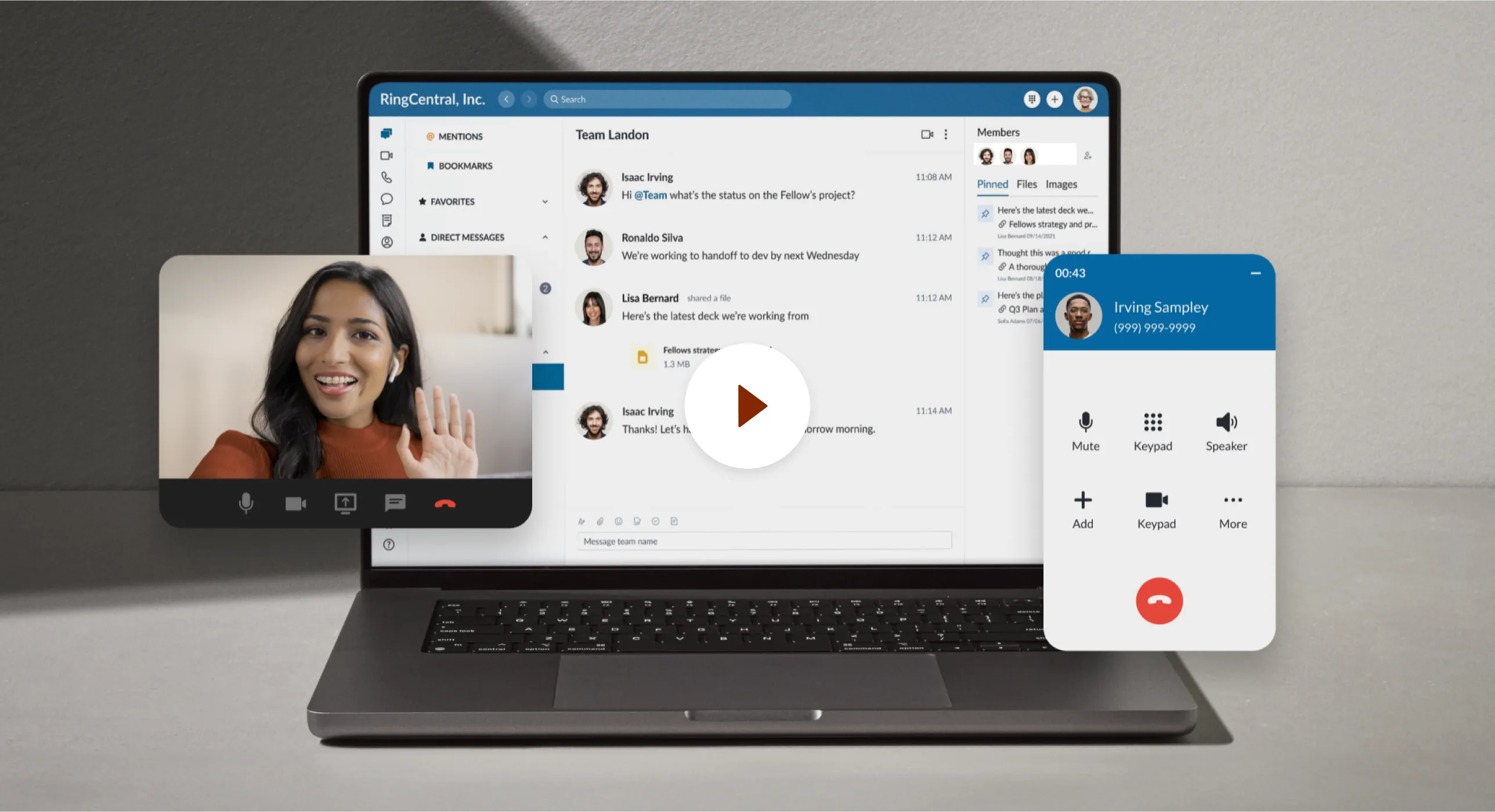 Play Video: An ongoing video conference among team members using RingCentral Desktop app and RingCentral mobile app