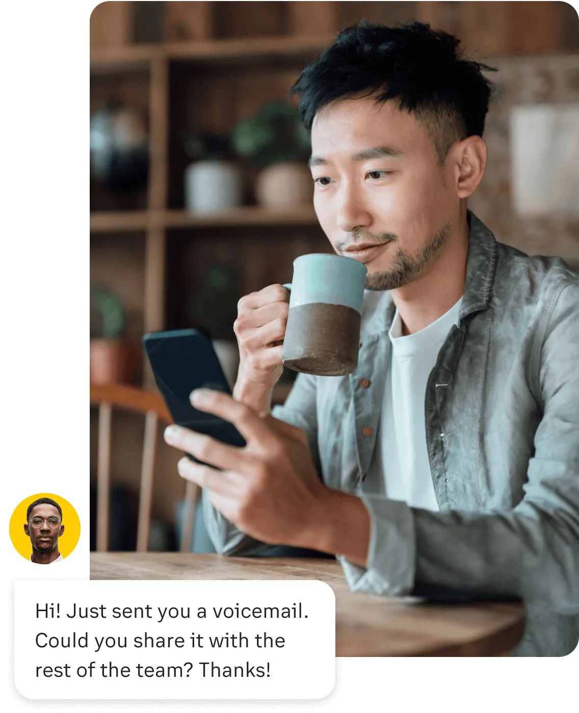 A man receiving a voicemail in the RingCentral app in his mobile phone