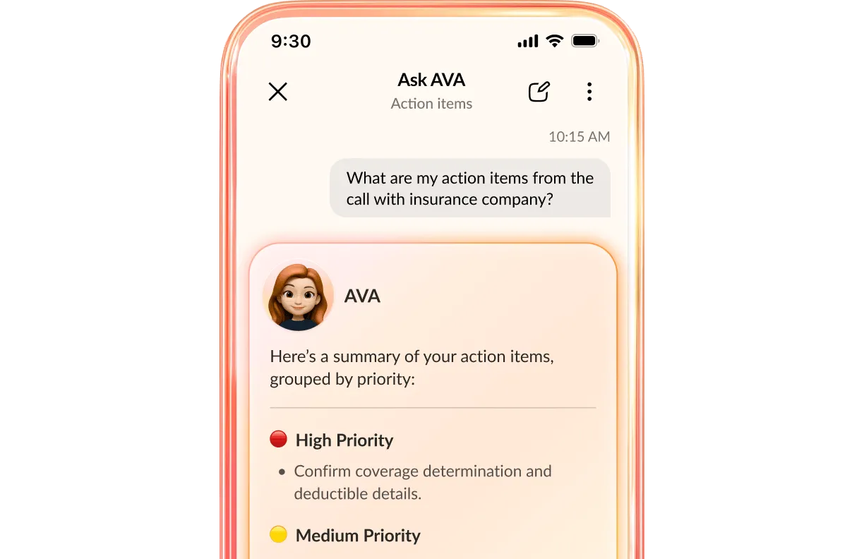 screenshot of AI Virtual Assistant btwn claims adjuster and policyholder (real-time insights)