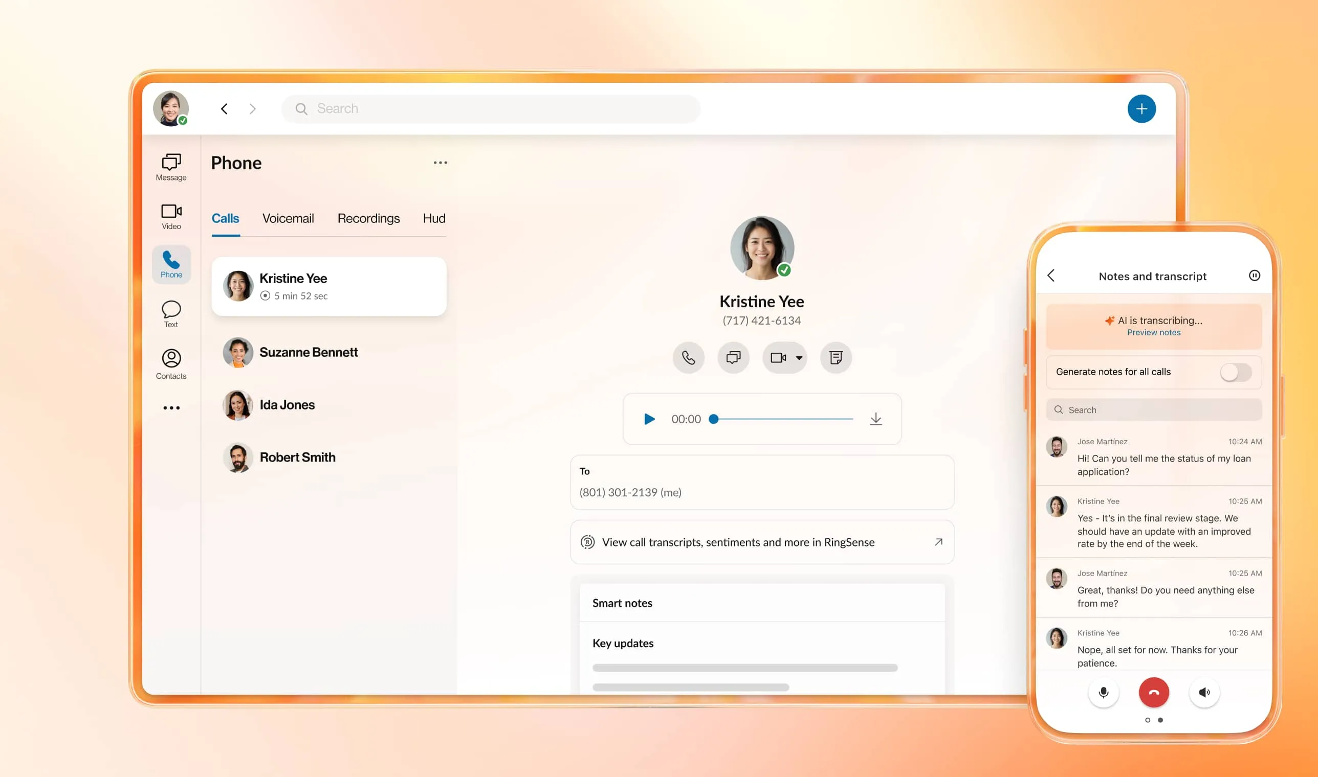 AI transcription displayed on RingCentral desktop and mobile app