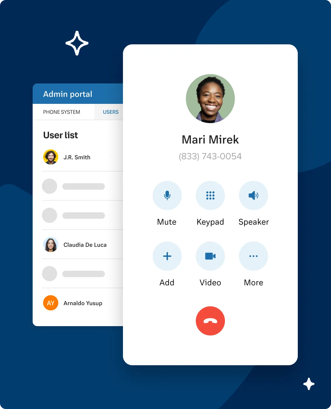 A view of the RingCentral admin portal and phone call interface