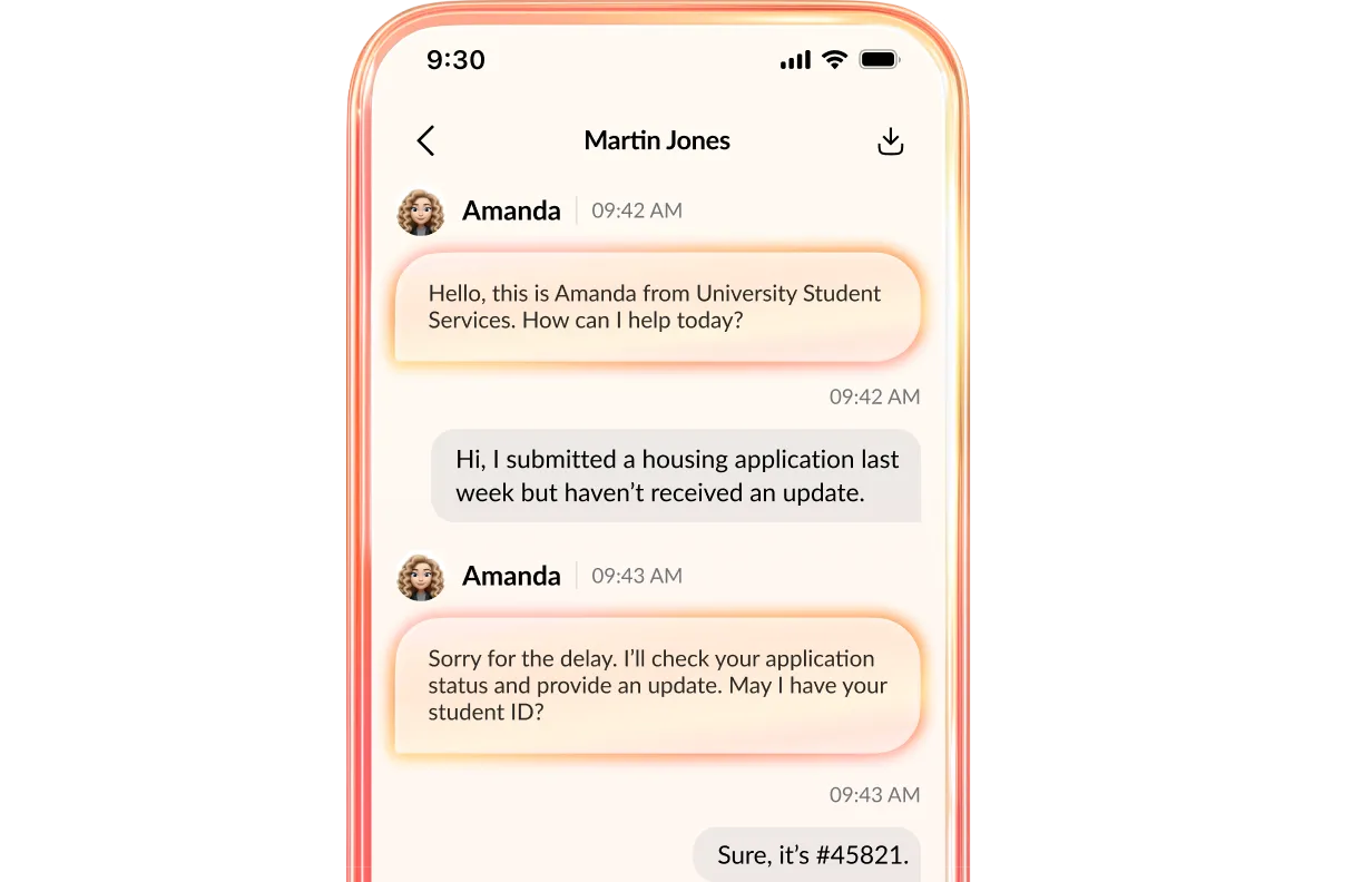 Smartphone displaying a text conversation about a housing application update.