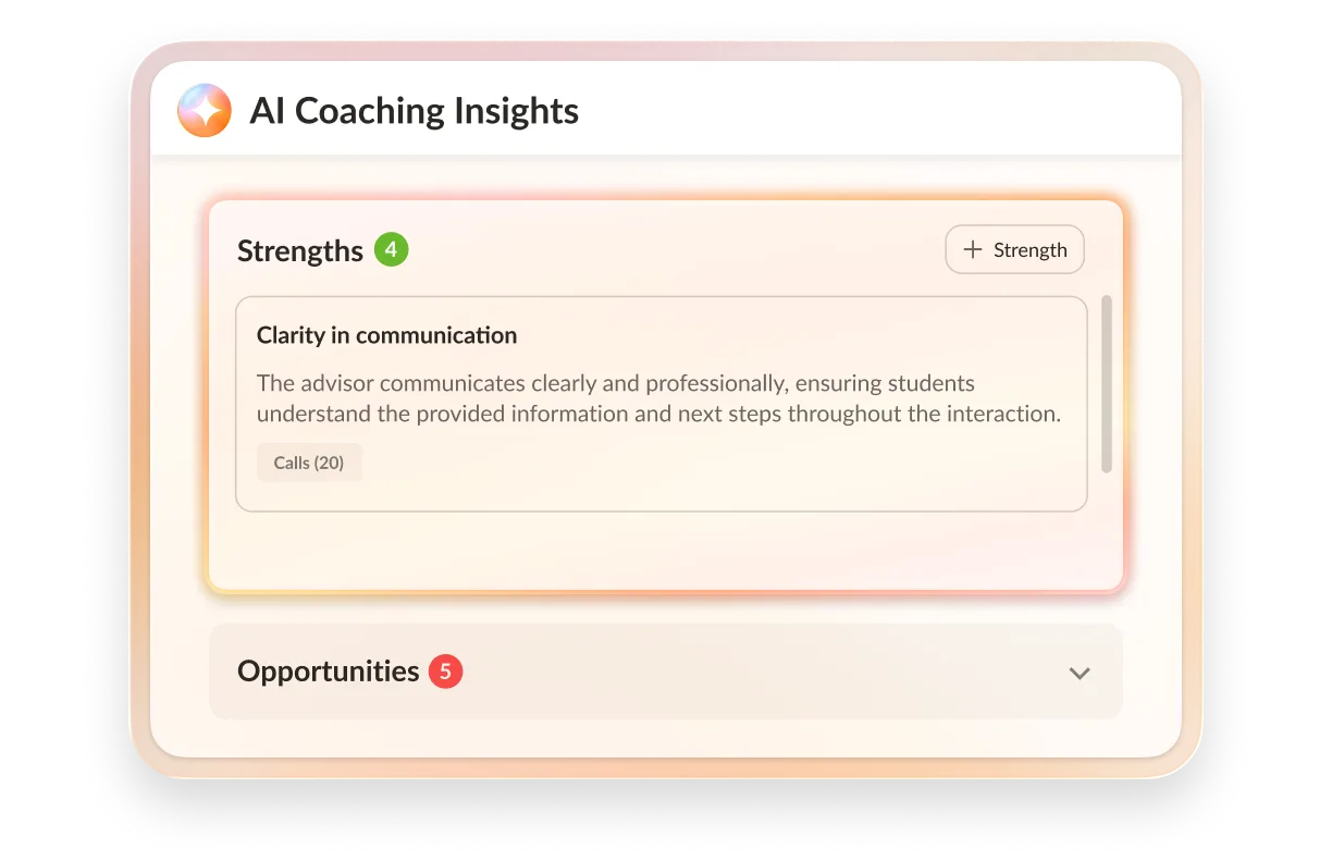 AI Coaching Insights interface highlighting strengths and opportunities.