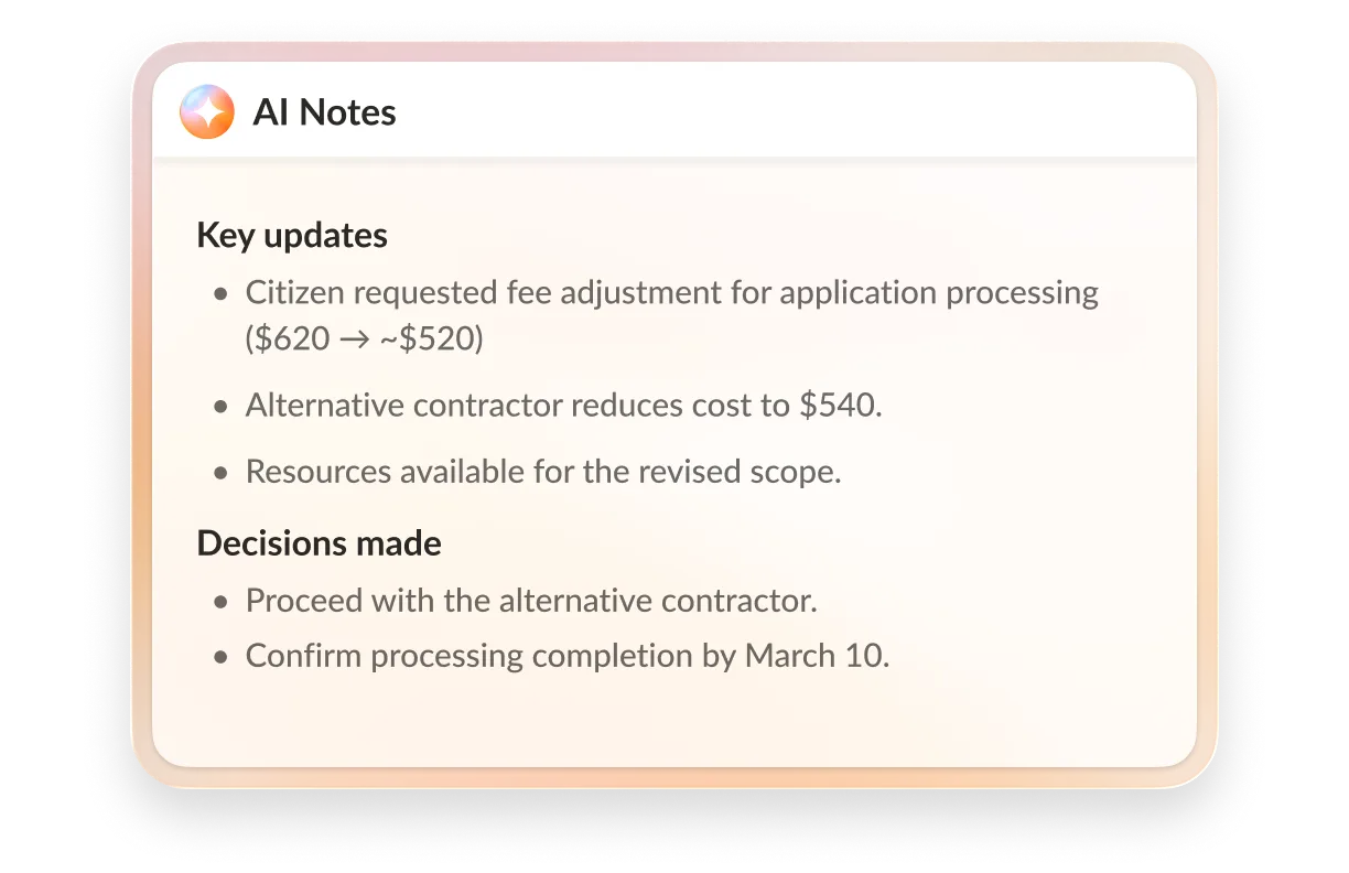 AI Notes detailing key updates and decisions on housing fee and vendor.