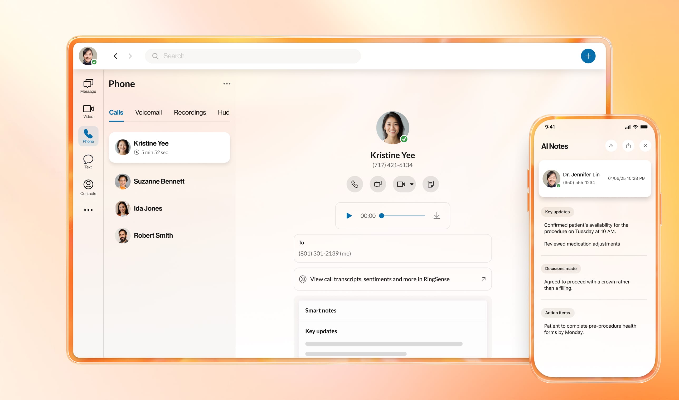 AI transcription displayed on RingCentral desktop and mobile app