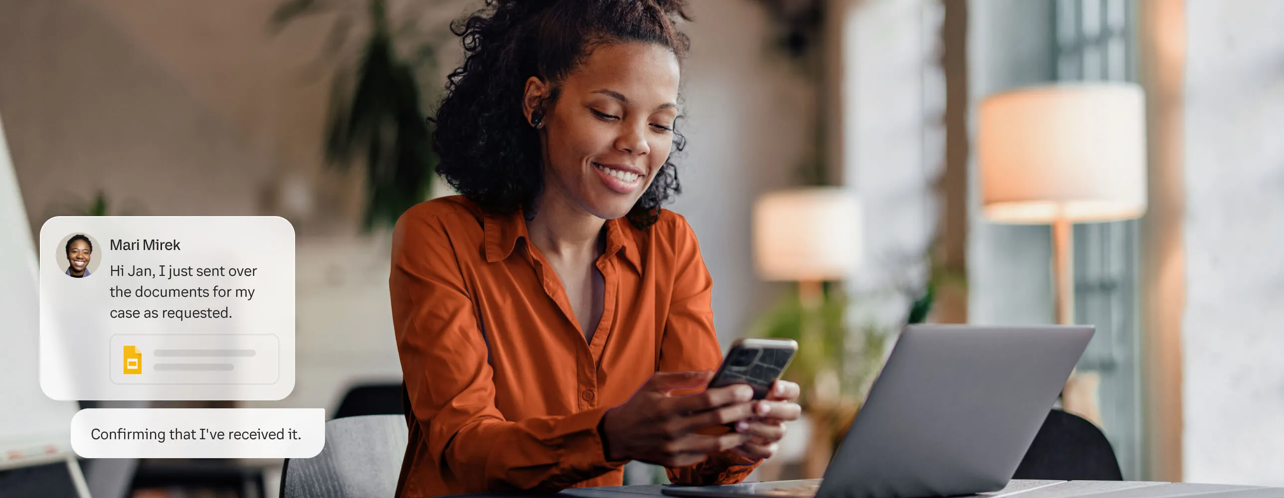 A female lawyer receives documents from a client via the RingCentral app