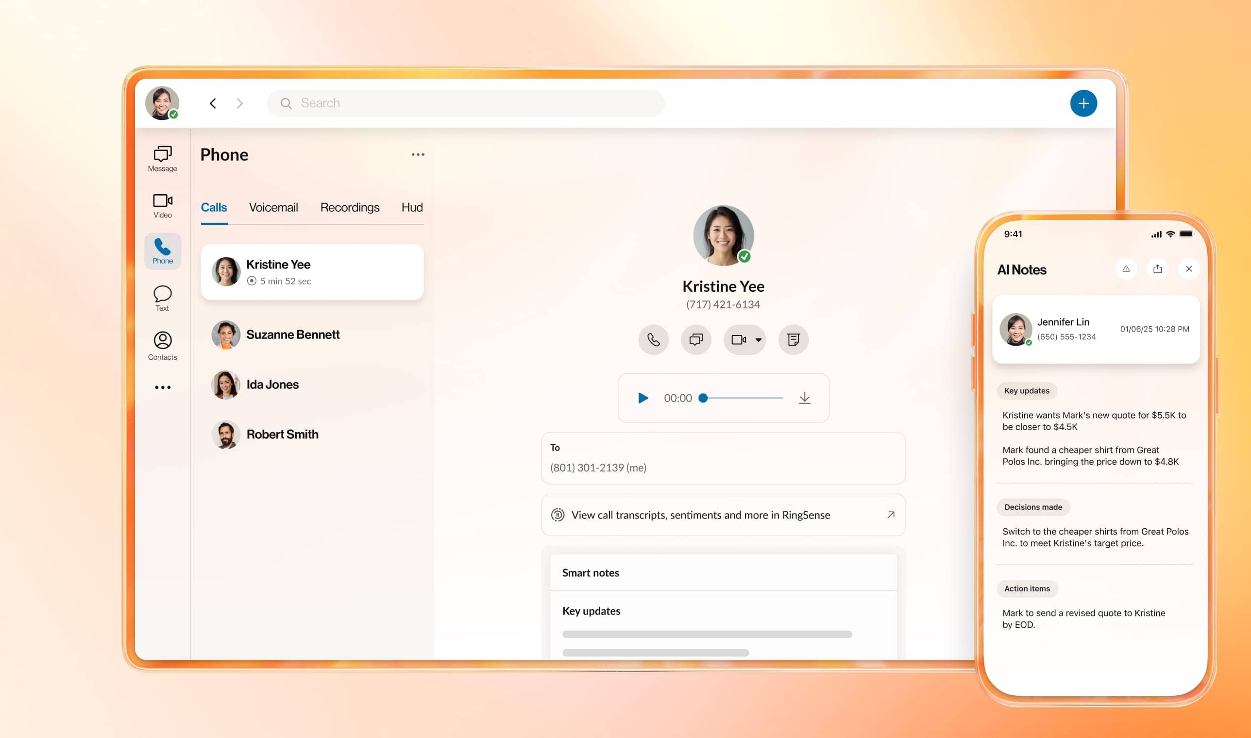 Call Recap feature on the RingCentral app, displayed on mobile and laptop