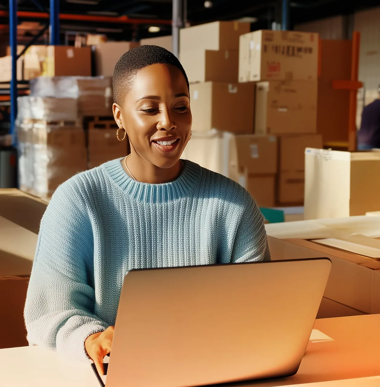 Person using a laptop in a warehouse setting.