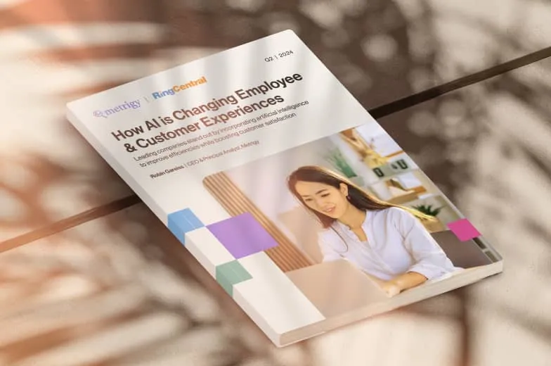A view of a RingCentral and Metrigy co-branded report titled 'How AI is Changing Employee & Customer Experiences,' with a woman working on a laptop on the cover.