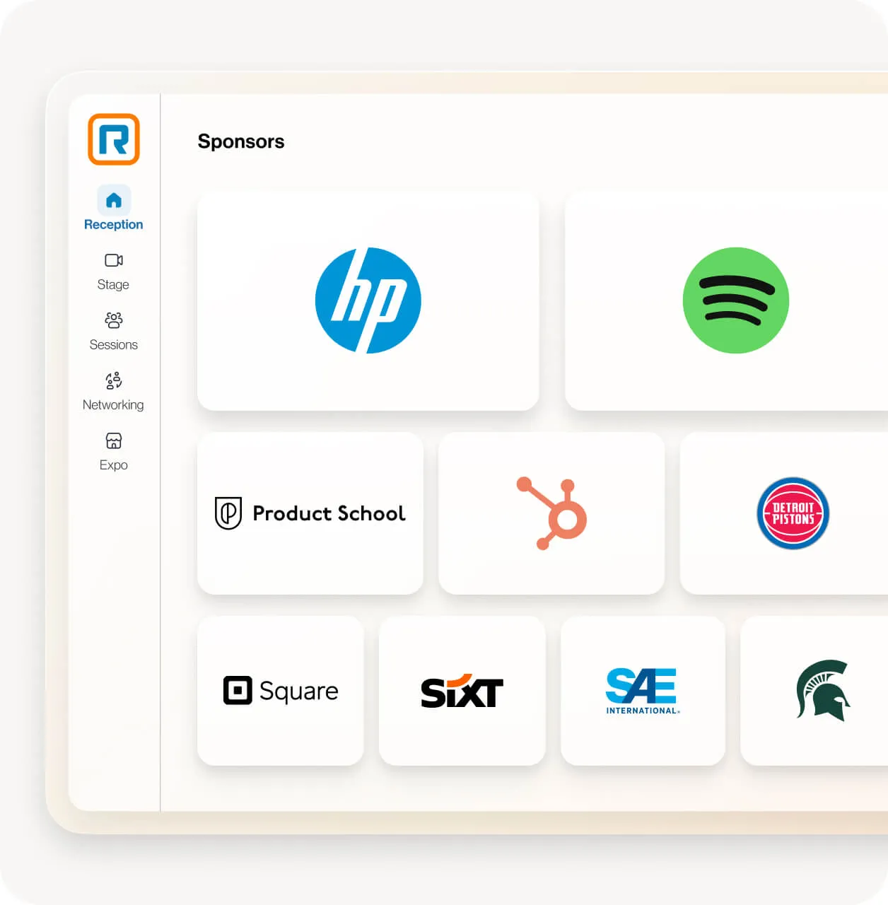 Bibliothèque de sponsors telle qu’affichée dans l’onglet « Accueil » de RingCentral Events dont HP, Spotify, Product School, Hubspot, Detroit Pistons, Square, Sixt, SAE International, et Michigan State University 