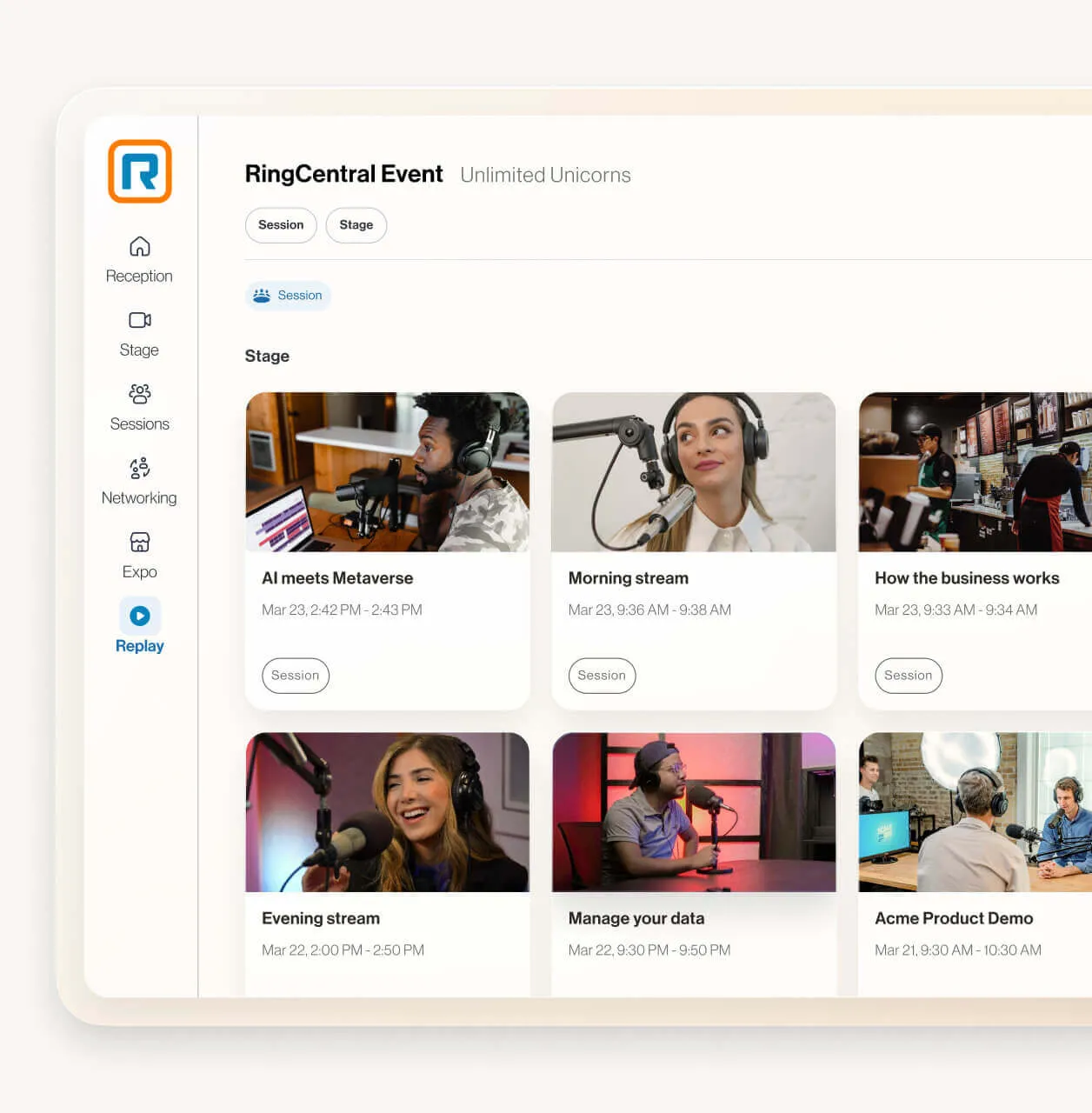 Bibliothèque d’événements passés suivis sur RingCentral Events