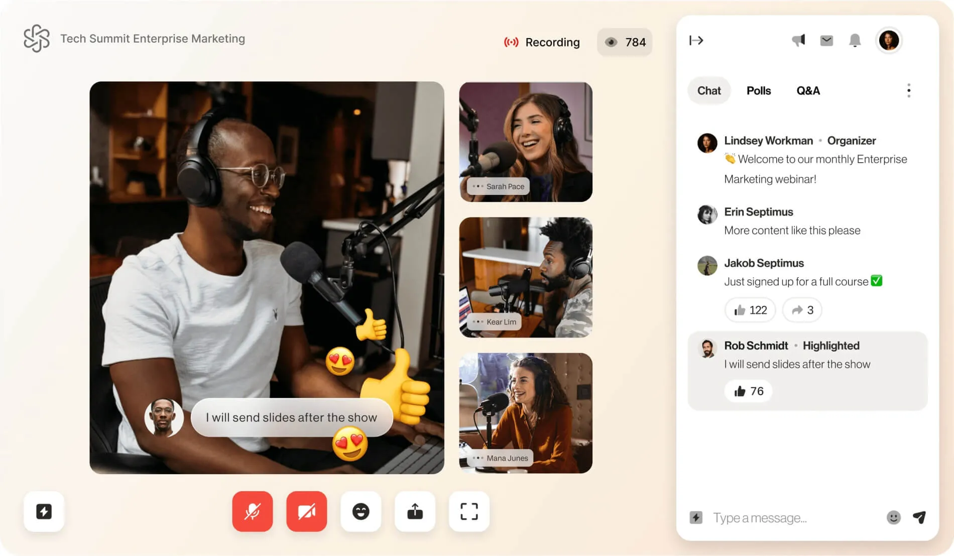 Fonctionnalités interactives sur RingCentral Events telles que des emojis, un chat, des sondages et des Q&A