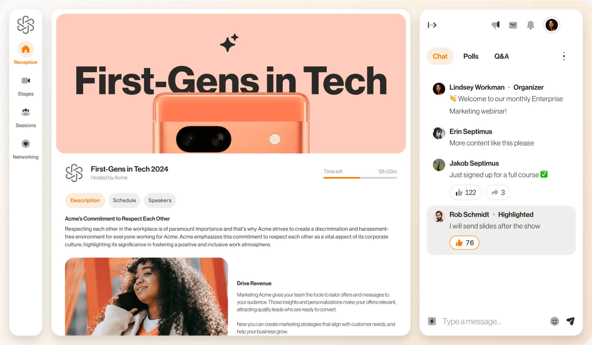 L’onglet « Accueil » d’une conférence Tech hébergée sur RingCentral Events