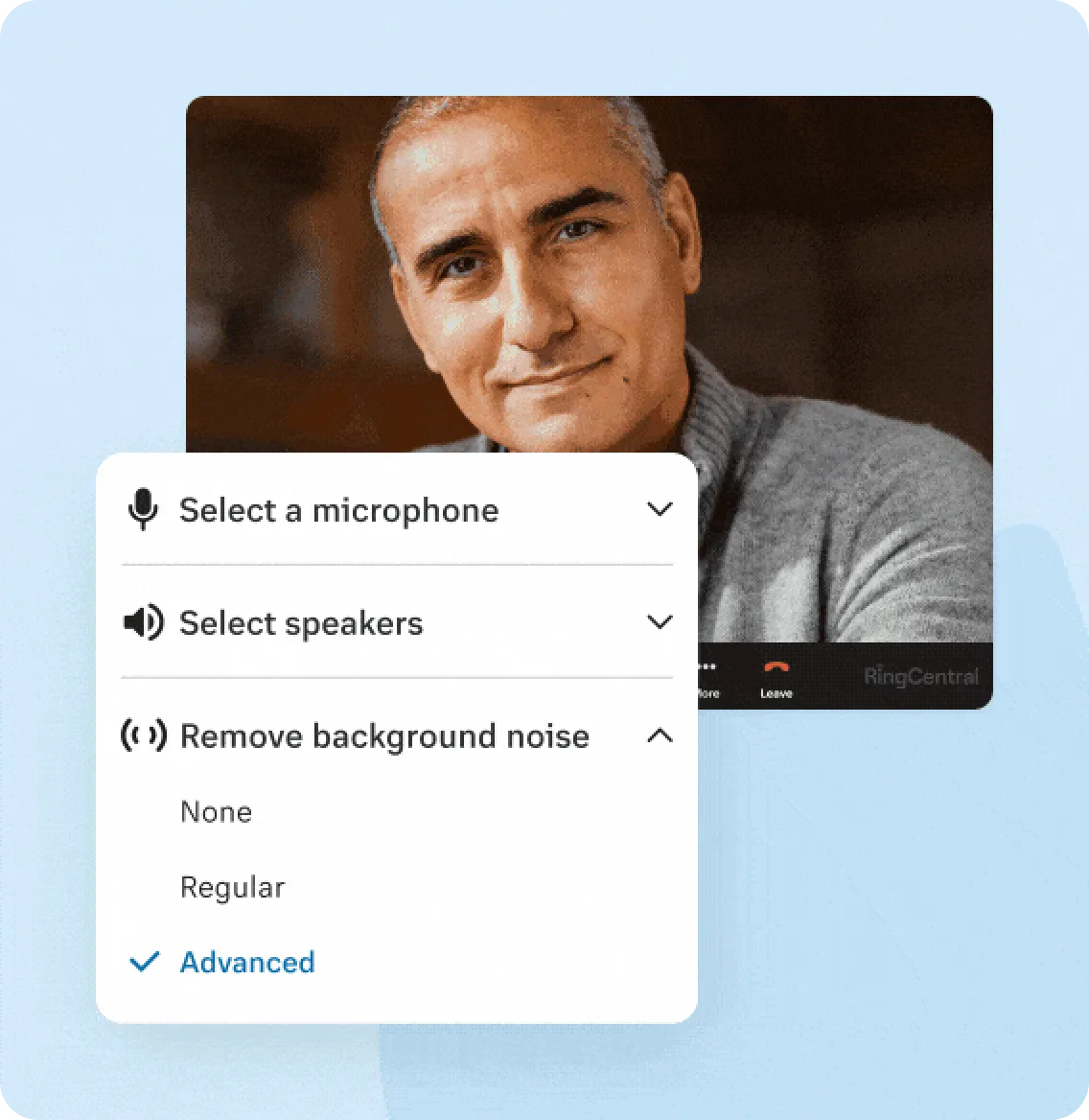 A slideshow of RingCentral updates including: 1. Advanced settings for removing background noise in the RingCentral app 2. The Quality of Service and Analytics windows of the RingCentral app 3. The RingCentral app Bot Builder 4. The RingCentral Smart Assist Chatbot