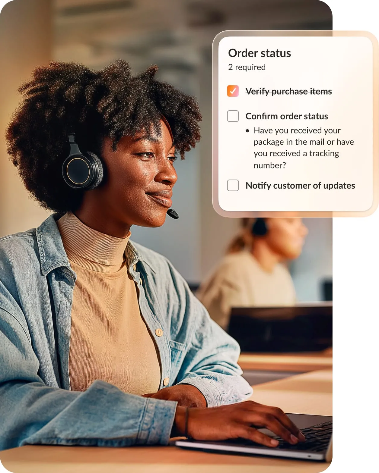 Customer service agent with a headset using a digital order status checklist to verify purchase items and tracking numbers.