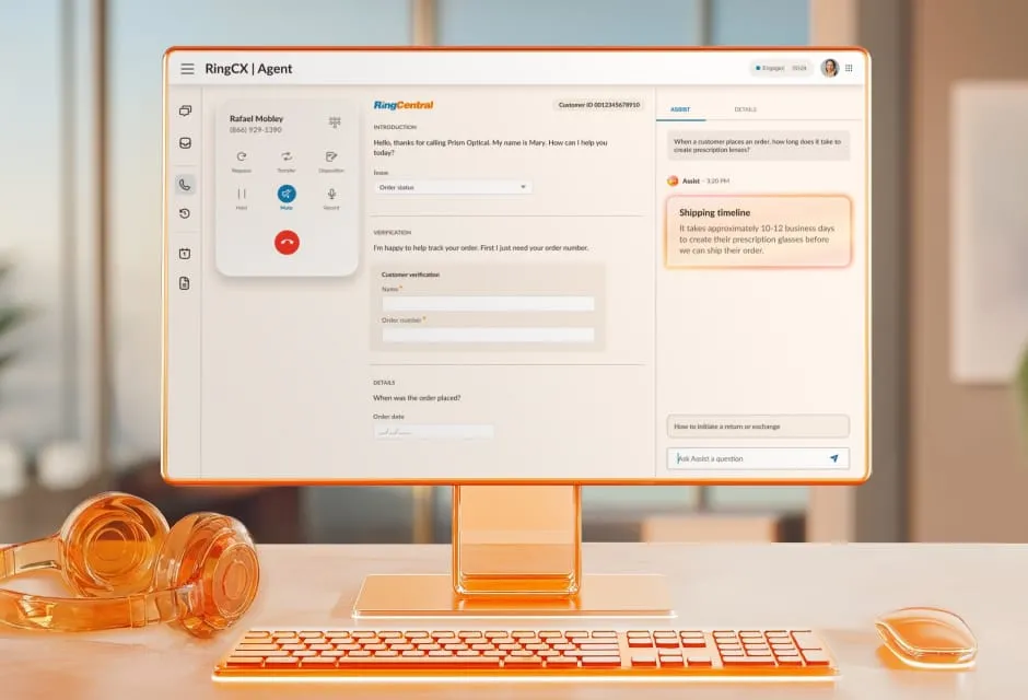 RingCX Agent interface on a desktop monitor showing a customer service dashboard with active call controls, order tracking, and an AI assist panel.