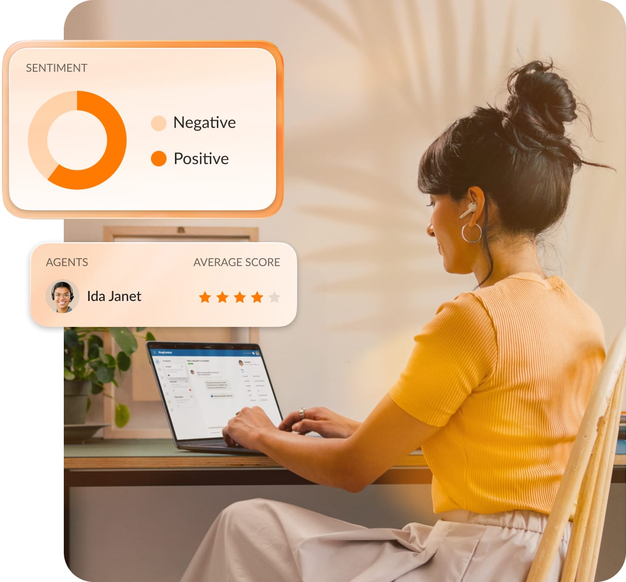 A woman viewing the sentiment analysis score in the RingCentral app on a laptop